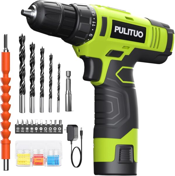 PULITUO 12V Green Cordless Drill Set – Power Drill Kit with Battery and Charger, 3/8-Inch Keyless Chuck, Built-in LED, 21+1 Torque Setting