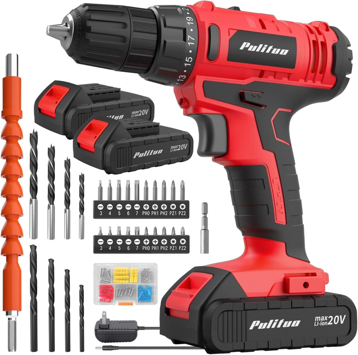 PULITUO 20V Cordless Drill/Driver, 2 Batteries Electric Screwdriver, 30Nm Power Drill Driver, 21+1 Torque, 2 Speed, 3/8″Keyless Chuck, power Drill with LED Light, Drill Driver Kit for Home (Red)