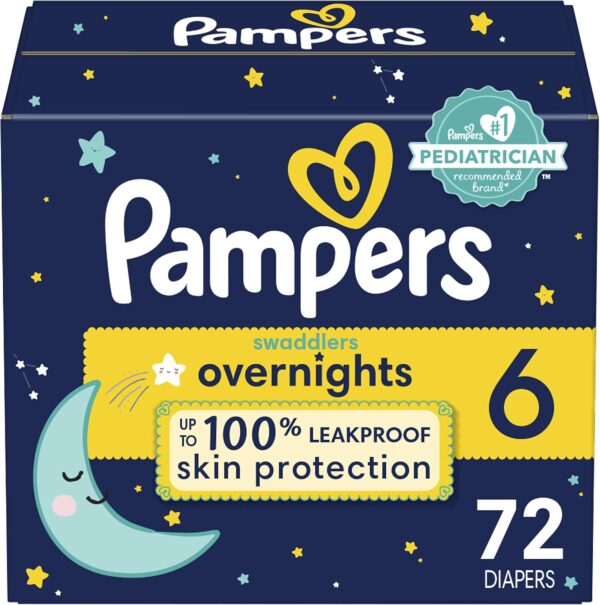 Pampers Overnight Diapers – Swaddlers Overnights – Size 6, 72 Count, Disposable Baby Diaper, Night Time Leak and Skin Protection
