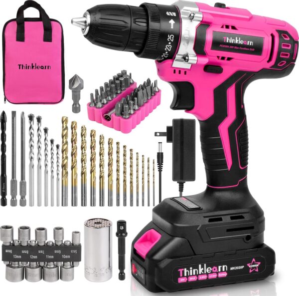 Pink Cordless Drill Set, 20V Lithium-ion Power Drill Set for Women with 67Pcs Driver Bits, 3/8″Keyless Chuck, 25+1 Position, 2.0Ah Battery, Charger and Storage Bag Included