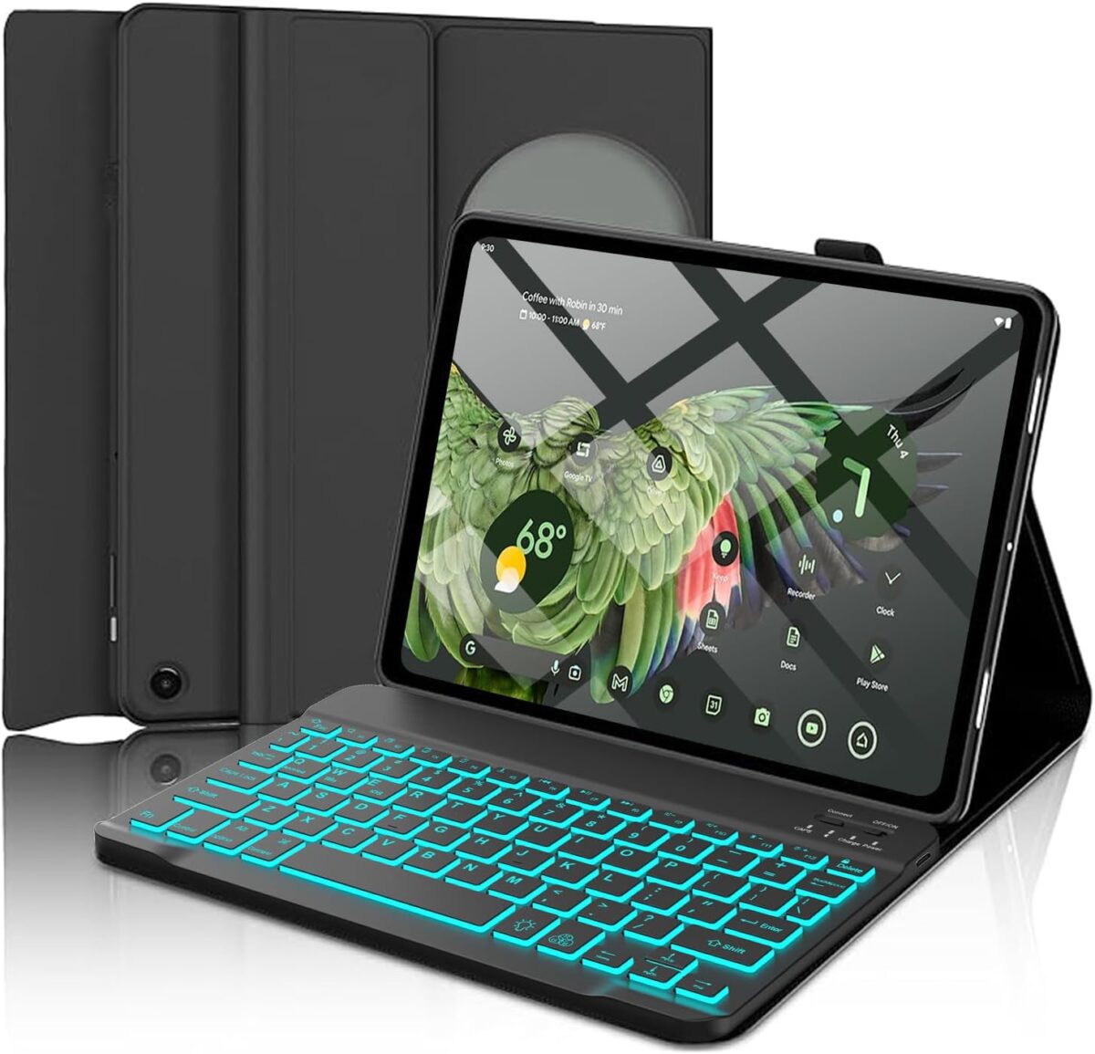 Pixel Tablet Keyboard Case 11” 2023/2024, 7 Color Backlight Detachable Bluetooth Keyboard Cover with Stylus Pen Holder, Google Pixel Tablet Case with Stand Support Charging Speaker Dock Black