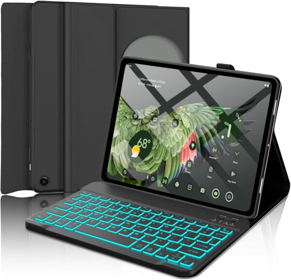 Pixel Tablet Keyboard Case 11” 2023/2024, 7 Color Backlight Detachable Bluetooth Keyboard Cover with Stylus Pen Holder, Google Pixel Tablet Case with Stand Support Charging Speaker Dock Black