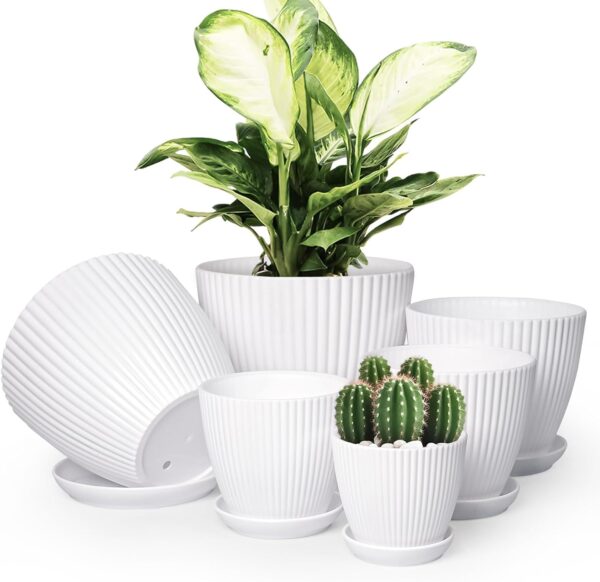 Plant Pots Indoor with Saucers & Drainage – 6 Pack Flower Pots – Plastic Planters for Indoor Planter – 7.5/6.6/5.8/5.0/4.3/3.5 inches Sizes for All Different Types of Plants – White