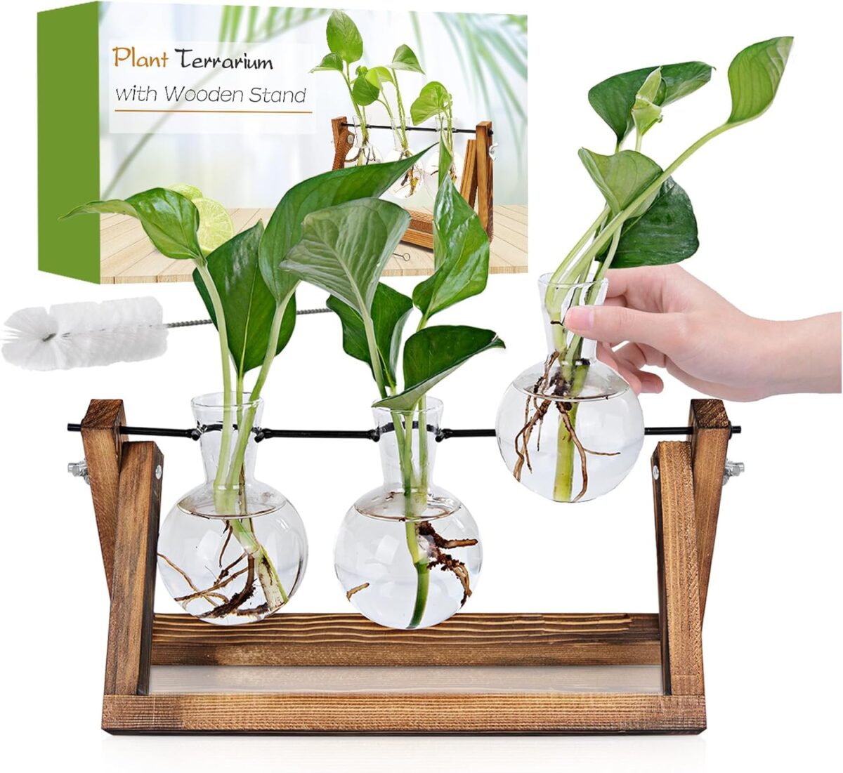 Plant Propagation Station, Plant Terrarium with Wooden Stand, Unique Gardening Birthday Gifts for Women Plant Lovers, Home Office Garden Decor Planter – 3 Bulb Glass Vases