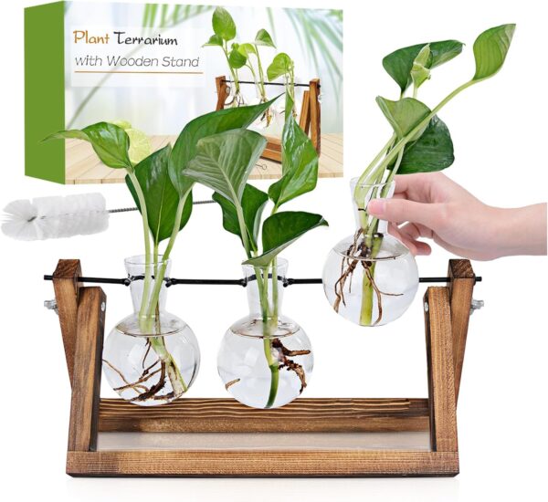 Plant Propagation Station, Plant Terrarium with Wooden Stand, Unique Gardening Birthday Gifts for Women Plant Lovers, Home Office Garden Decor Planter – 3 Bulb Glass Vases