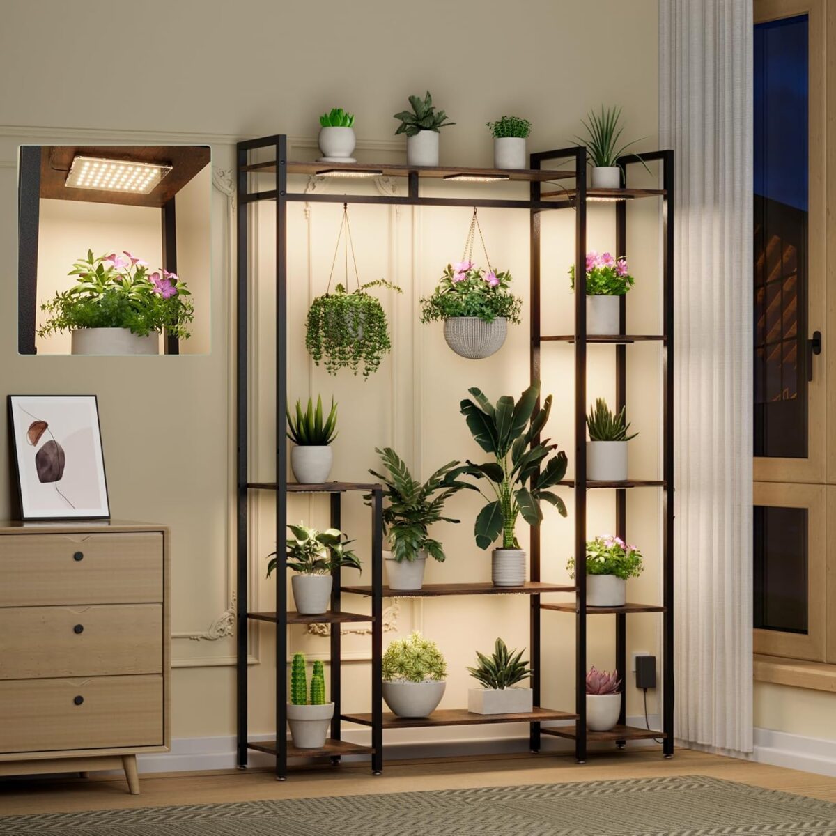 Plant Stand Indoor with Grow Lights 11 Tiered Wood Indoor Plant Shelf 62″ Tall Plant Stand Metal Frame for Indoor Plants Multiple Flower Pot Holder, Large Plant Rack for Living Room Patio Corner