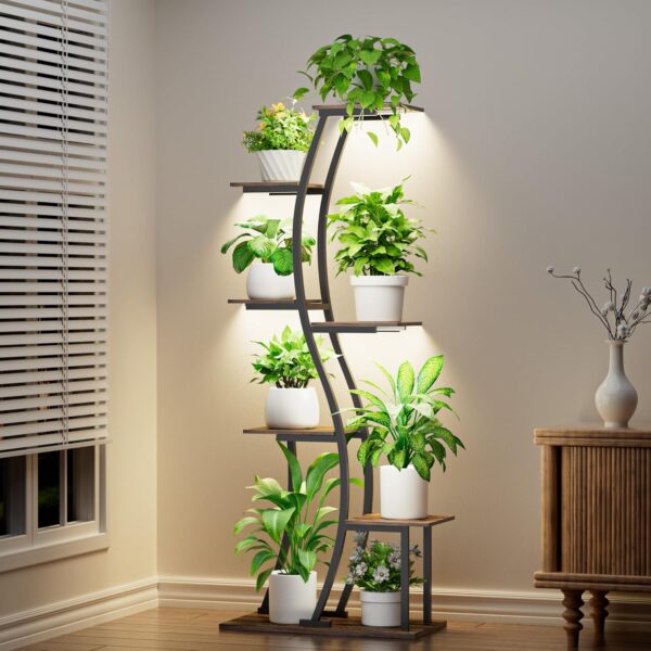 Plant Stand Indoor with Grow Lights – 63″ Tall Plant Shelf, 7 Tiered Corner Plant Stand for Indoor Plants Multiple, Large Lighted S-Shape Display Rack Holder for Living Room, Patio Decor, Black
