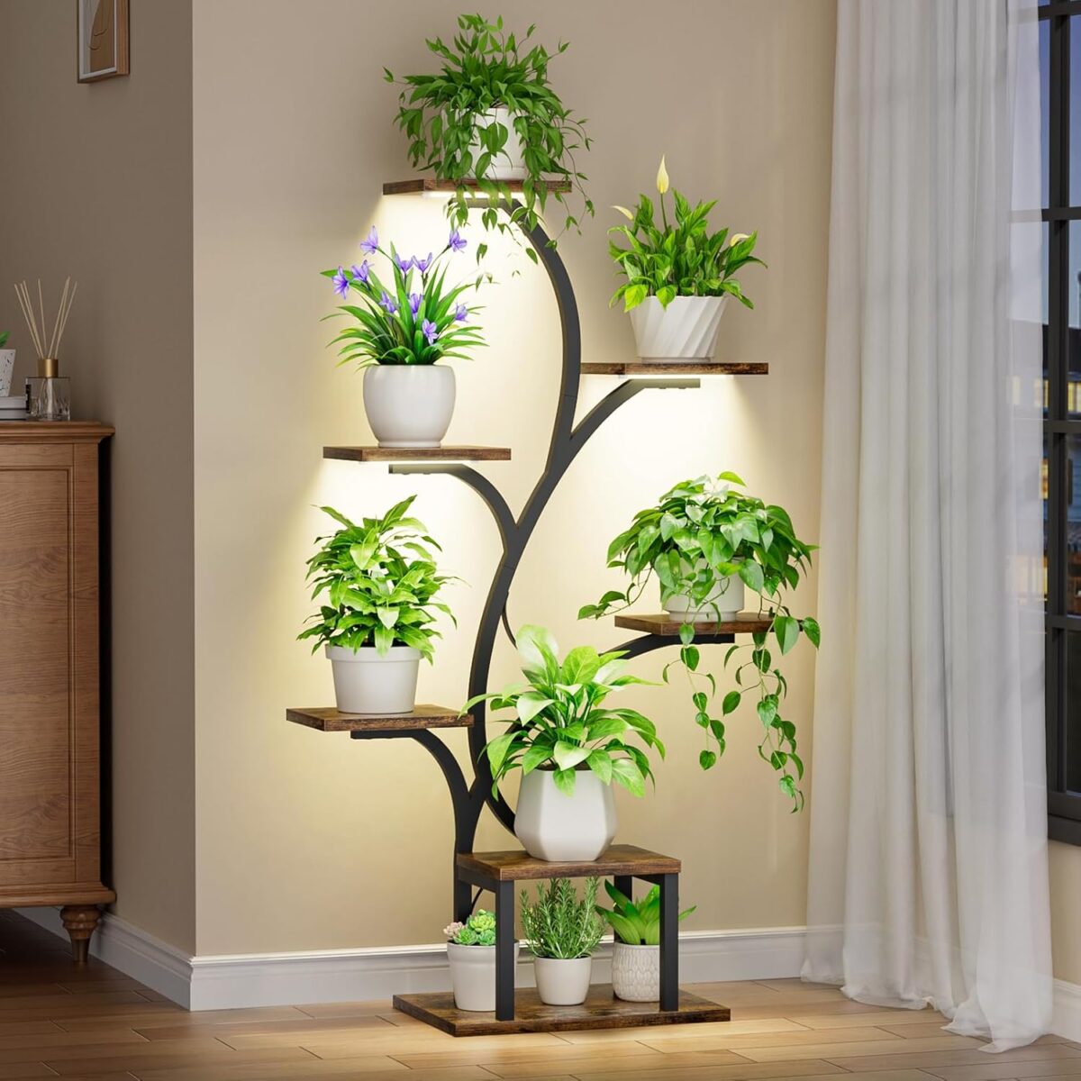 Plant Stand Indoor with Grow Lights, 7 Tiered Indoor Plant Shelf, 49″ Corner Plant Stands for Indoor Plants, Metal Plant Flower Display Shelves, Tree-Shaped Plant Rack for Home, Patio, Black