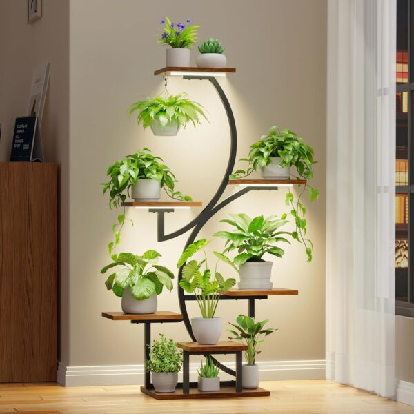 Plant Stand Indoor with Grow Lights, 7 Tiered Plant Shelf Indoor, 44″ Corner Plant Stands for Indoor Plants, Tall Plant Flower Display Shelf, S-Shaped Plant Rack for Home, Living Room, Black