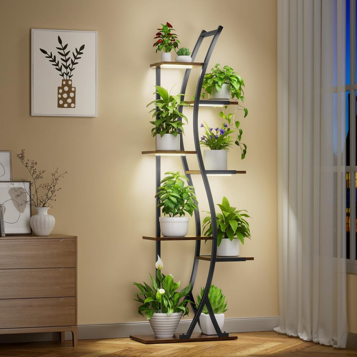 Plant Stand Indoor with Grow Lights – 7 Tiered Tall Metal Plant Shelf – Corner Wooden Plant Stand for Indoor Plants Multiple, Large S-Shape Flower Rack Holder for Living Room, Garden, Patio Decor, 62″