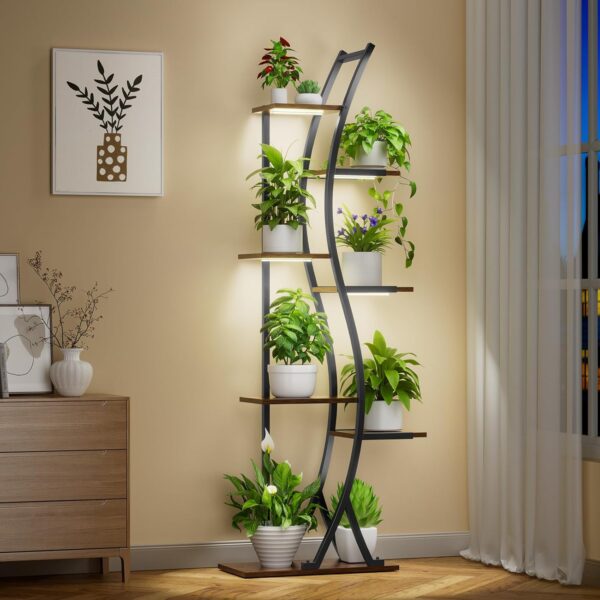 Plant Stand Indoor with Grow Lights – 7 Tiered Tall Metal Plant Shelf – Corner Wooden Plant Stand for Indoor Plants Multiple, Large S-Shape Flower Rack Holder for Living Room, Garden, Patio Decor, 62″