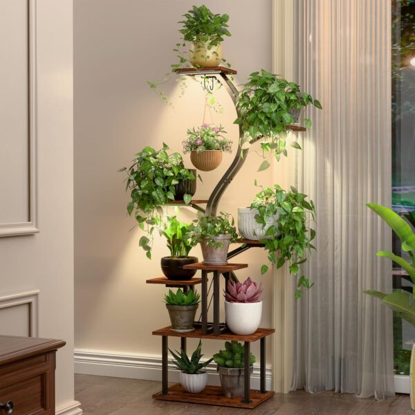 Plant Stand Indoor with Grow Lights, 8 Tiered Metal Plant Shelf, 61″ Tall Plant Stand for Indoor Plants Multiple, Large Plant Rack Display Shelves, Corner Plant Holder for Living Room, Patio, Balcony