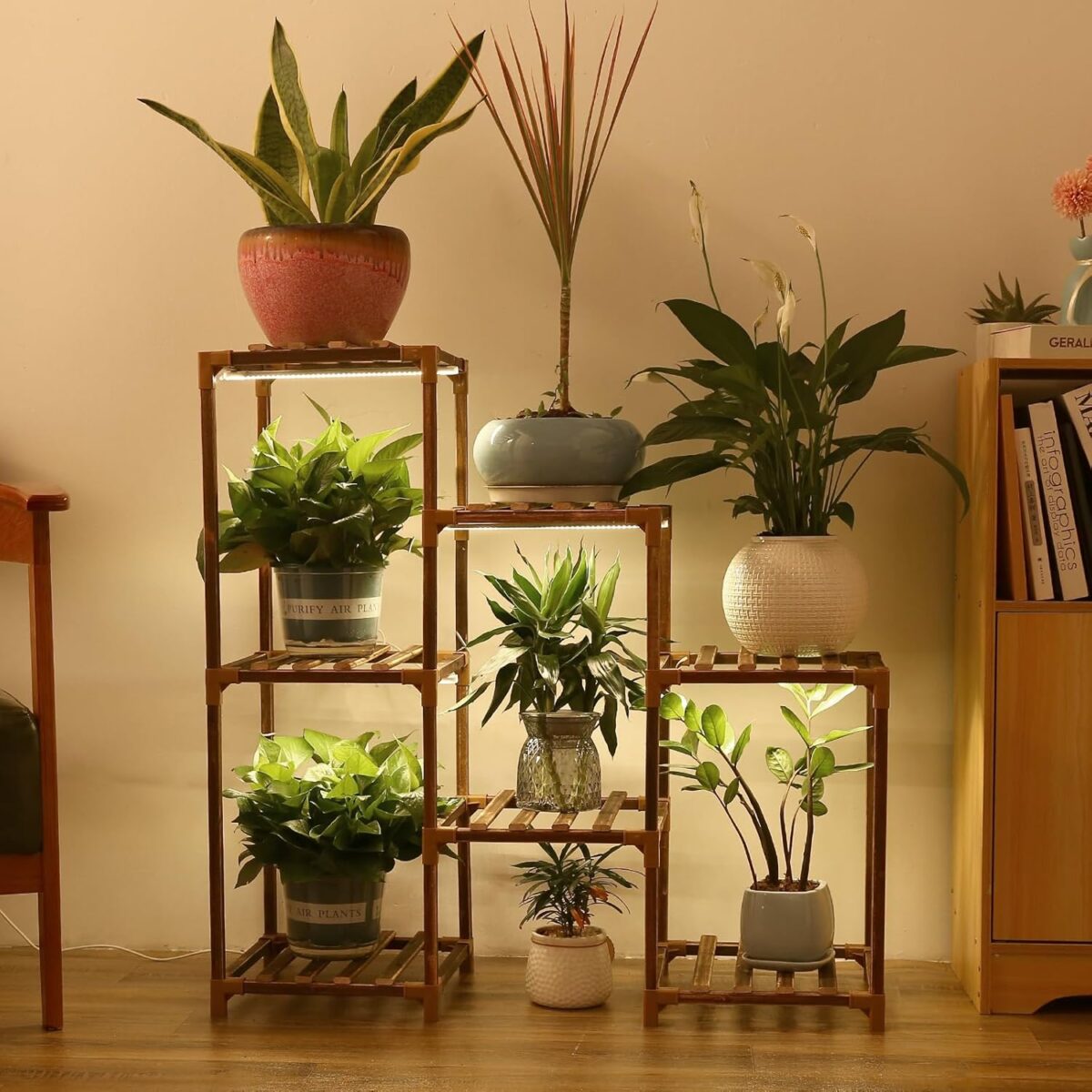 Plant Stand with Grow Light, Plant Shelf Indoor with Full Spectrum Led Grow Light, Timer Function and Brightness Adjustment, 7 Tiered Wood Plant Stand Indoor for Corner | Patio | Living Room