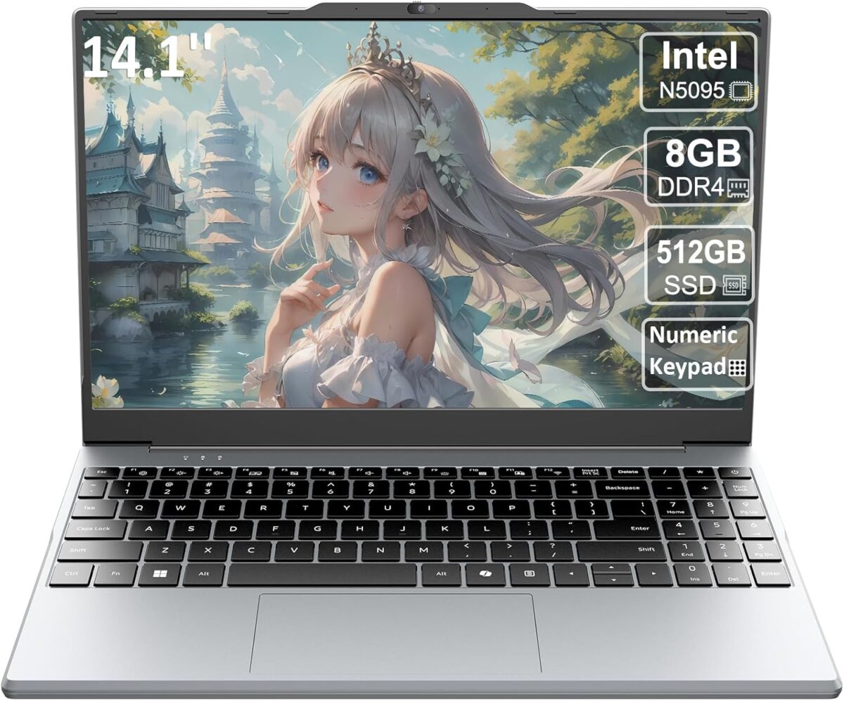 Portable Laptop,Student and Business,14″ FHD IPS Display,Quad-Core N5095 Processor,8GB DDR4 RAM,512GB PCIe SSD,Numeric Keypad,2.4/5G WiFi,38WH Battery,Webcam,Mini HDMI,USB(Silver)