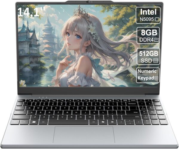Portable Laptop,Student and Business,14″ FHD IPS Display,Quad-Core N5095 Processor,8GB DDR4 RAM,512GB PCIe SSD,Numeric Keypad,2.4/5G WiFi,38WH Battery,Webcam,Mini HDMI,USB(Silver)