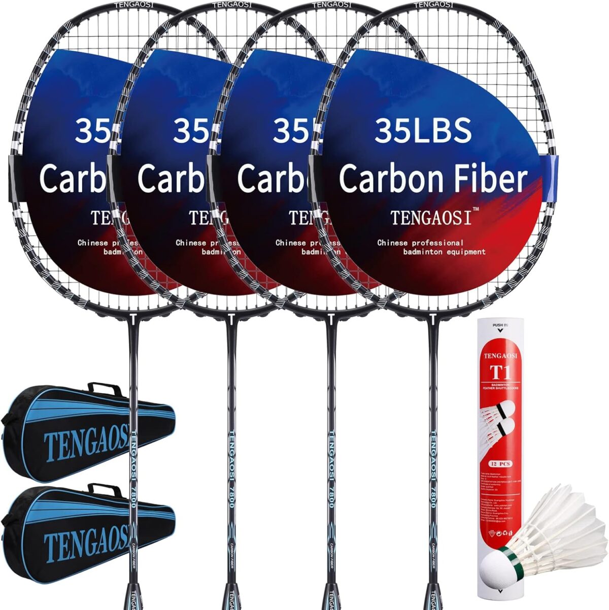 Professional Badminton Rackets Set of 4 Sports Outdoor Backyard or Indoor Badminton Game Set with Shuttlecocks- Includes 4 Black Rackets