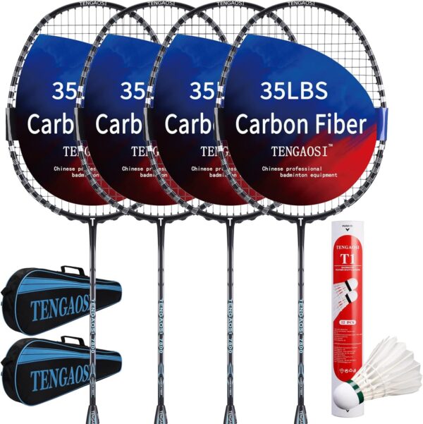 Professional Badminton Rackets Set of 4 Sports Outdoor Backyard or Indoor Badminton Game Set with Shuttlecocks- Includes 4 Black Rackets