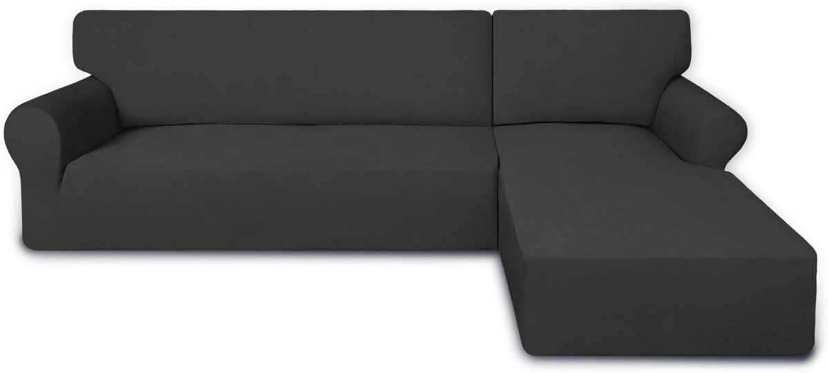 PureFit Super Stretch Sectional Couch Covers – 2 pcs Spandex Non Slip, with Elastic Bottom for L Shape Sectional Sofa Couches, Great for Kids & Pets (3 Seat Sofa + 3 Seat Chaise, Dark Gray)