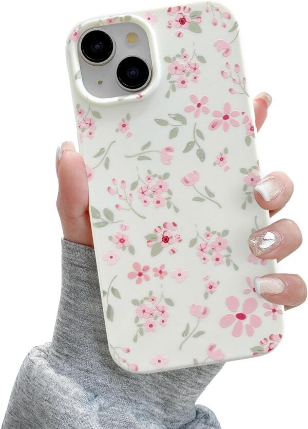 QLTYPRI for iPhone 13 Case, Cute Pink Floral Flower Pattern Aesthetic Phone Case, Raised Camera Protection Soft Slim TPU Shockproof Protective Phone Cover for Girls Women – Pink