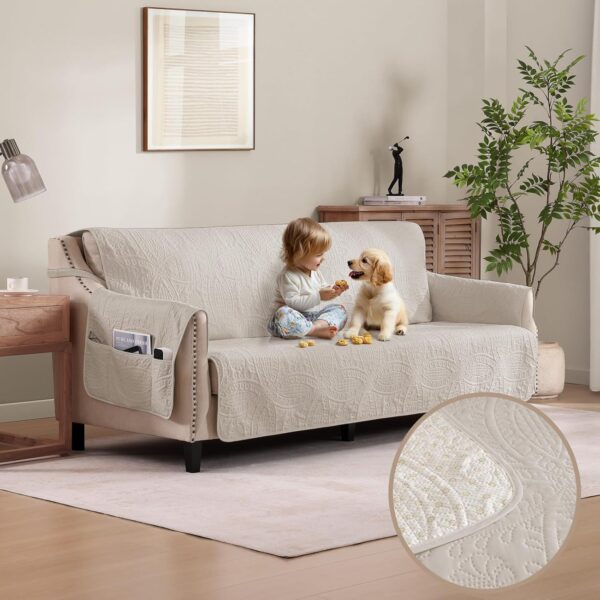 Quilted Beige Grand Sofa Couch Covers, Soft Cozy Couch Protector for 4 Cushion Couch, Cover for Super Large Sofa, Oversized Grand Sofa Slipcovers Water-Repellent (Grand Sofa 88″, Beige Cream)