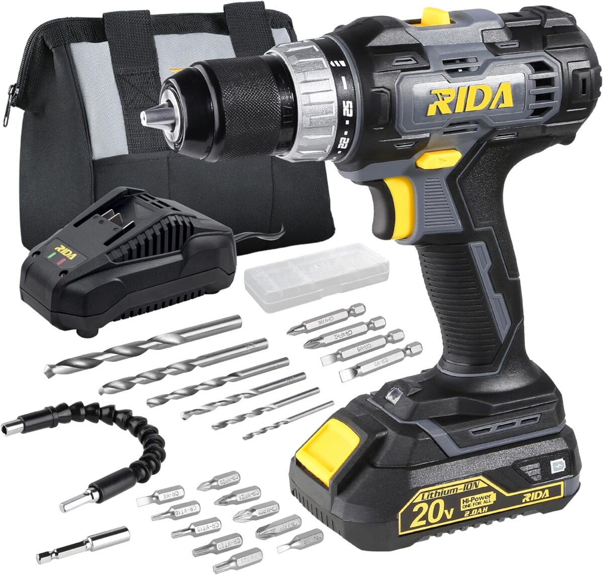 RIDA Cordless Drill Power Drill Cordless 20V 1/2” Keyless Metal Chuck 355 In-lb(40N.m) Torque with 2.0AH Li-ion Battery & Fast Charger, Variable Speed, 25+1 Position and 22pcs Bits