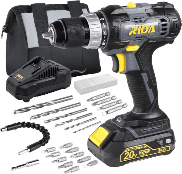 RIDA Cordless Drill Power Drill Cordless 20V 1/2” Keyless Metal Chuck 355 In-lb(40N.m) Torque with 2.0AH Li-ion Battery & Fast Charger, Variable Speed, 25+1 Position and 22pcs Bits