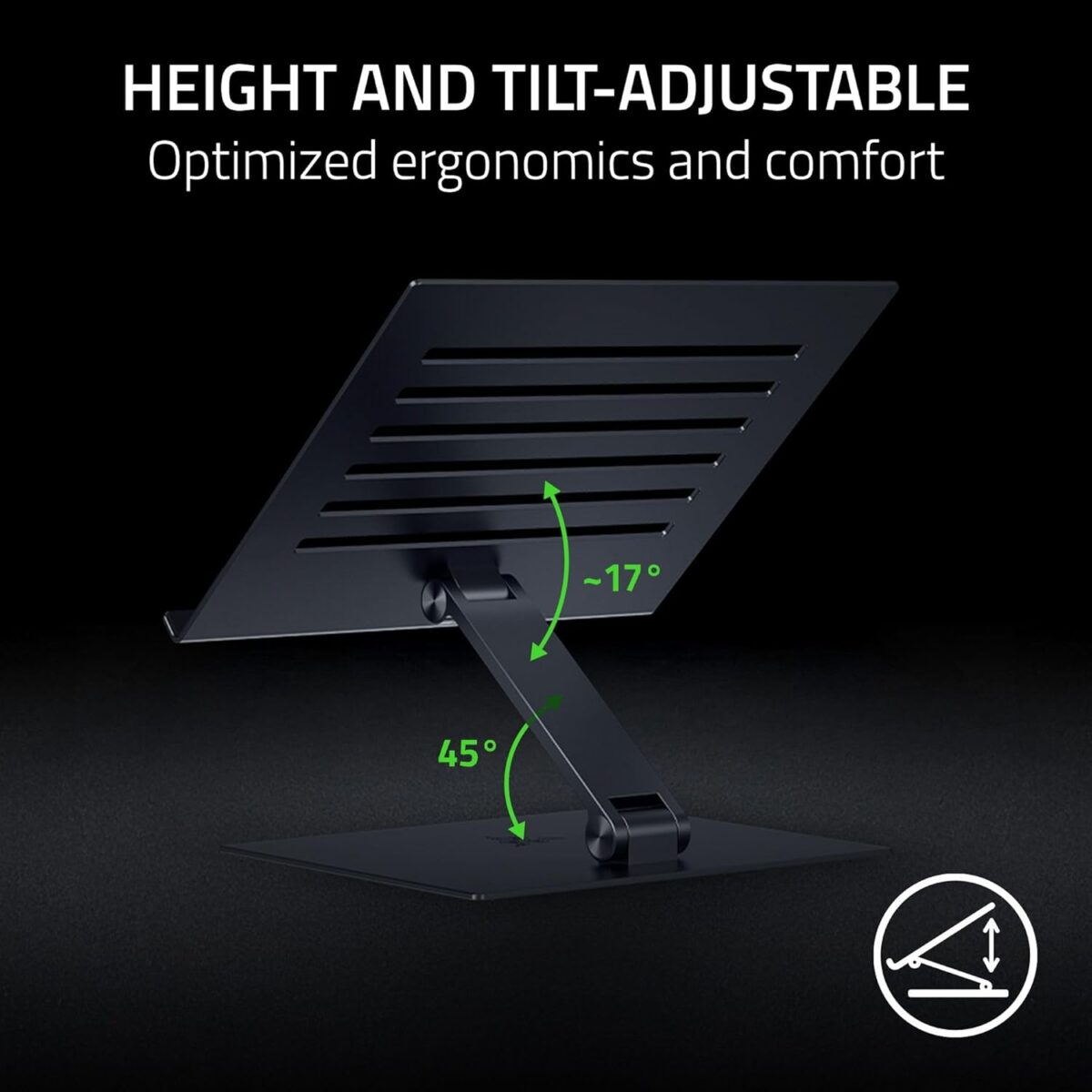 Razer Adjustable Laptop Stand Fits Most Tablets Laptops Macbooks 14 to 18 Adjust Height and Tilt Durable Aluminum Construction Vented Design Foldable for Storage Travel Black Razer Adjustable Laptop Stand: Fits Most Tablets, Laptops & Macbooks 14” to 18" - Adjust Height and Tilt - Durable Aluminum Construction - Vented Design - Foldable for Storage & Travel - Black