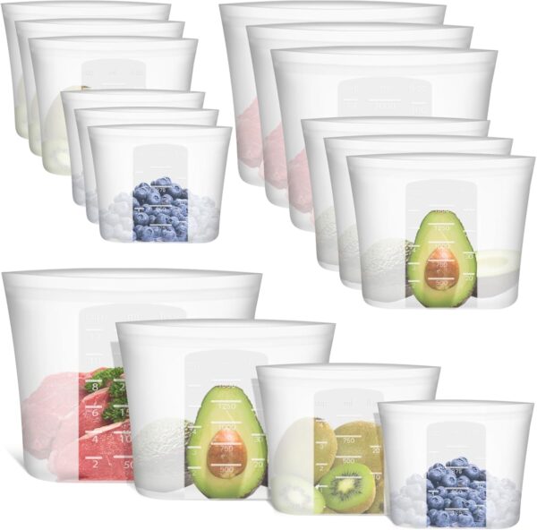 Reusable Storage Bag, 12 Pack 100% Silicone Food Storage Bags Stand Up Zip Lock Bags for Food, Freezer Microwave Oven Dishwasher Safe, 3 Extra Large(0.8 Gallon) 3 Large 3 Medium 3 Small, Translucent