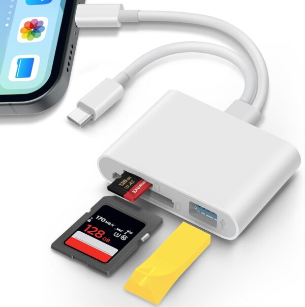 SD Card Reader for iPhone iPad Lightening USB-C Dual Connector Memory Card Adapter with Dual Slots & USB Port Trail Camera Viewer for Mac MacBook Pro/Air/Mini Android Laptop