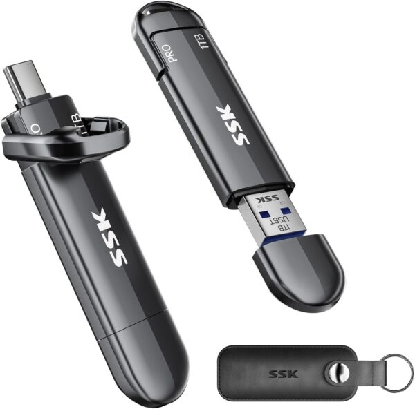 SSK Solid State Flash Drive 1TB, External SSD Up to 1000MB/s, Dual Port USB 3.2 Type-C/A, Portable SSD in Zinc Alloy Thumb Drive Stick for iPhone 15/16 Pro, Mac, PC, Android OTG Storage