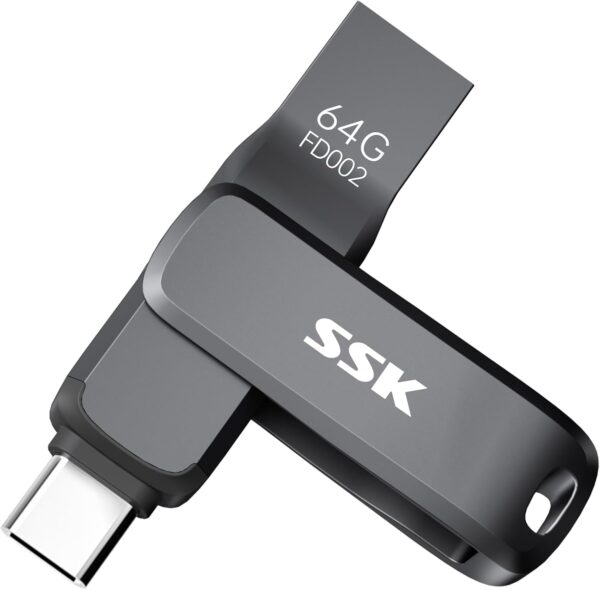 SSK USB 3.2 Flash Drive 64GB,Up to 200 MB/S Read Speed USB C Memory Stick,Dual USB C Thumb Drive with USB Type-C and USB A,Robust Black Metal Pen Drive for Smartphones,Tablets,Mac,Laptop,Car,TV