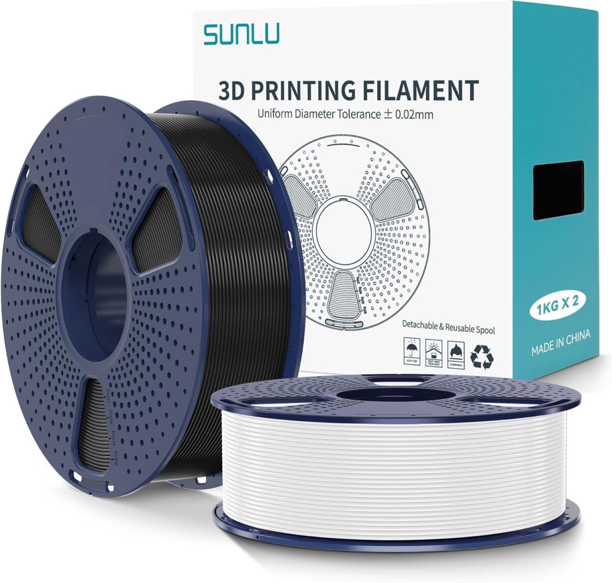 SUNLU PLA+2.0 3D Printer Filament 2KG, Upgrade PLA+ Filament 1.75mm, Tougher and Stronger, Dimensional Accuracy +/-0.02mm, 1KG per Spool, 2 Pack, 2KG Total, Black+White