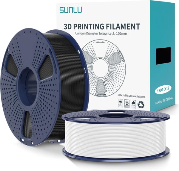 SUNLU PLA+2.0 3D Printer Filament 2KG, Upgrade PLA+ Filament 1.75mm, Tougher and Stronger, Dimensional Accuracy +/-0.02mm, 1KG per Spool, 2 Pack, 2KG Total, Black+White