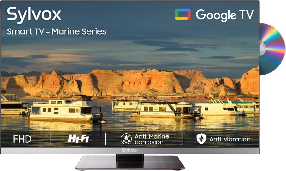 SYLVOX 12V TV, 22 inch Smart TVs with DVD Player, 1080P FHD Television for Marine, RVs, Campers, AC/DC Powered, DC 9-32V Wide Voltage, Google TV Compatible, 2 HDMI & 2 USB, Frameless Design