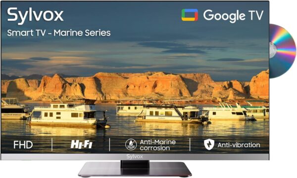 SYLVOX 12V TV, 22 inch Smart TVs with DVD Player, 1080P FHD Television for Marine, RVs, Campers, AC/DC Powered, DC 9-32V Wide Voltage, Google TV Compatible, 2 HDMI & 2 USB, Frameless Design