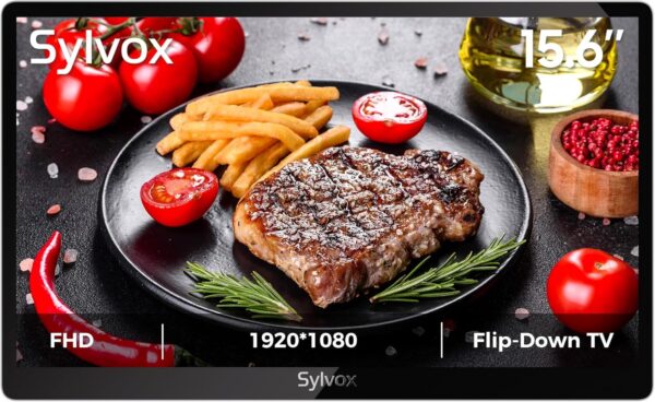 SYLVOX 15.6″ Flip-Down TV for Under Cabinet, 12-Volt Small TV with 90-Degree Rotation, Digital Noise Reduction, and Storage Design for Kitchen, Bedroom, RV, and Yacht