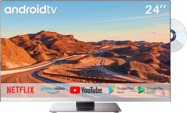 SYLVOX Smart RV TV, 24 inch TVs with DVD Player Built-in, 12 Volt for RV Camper 1080P FHD, Android Smart Free Download APPs, Support WiFi Bluetooth, 2 HDMI & 2 USB, AC/DC Powered, Frameless Design