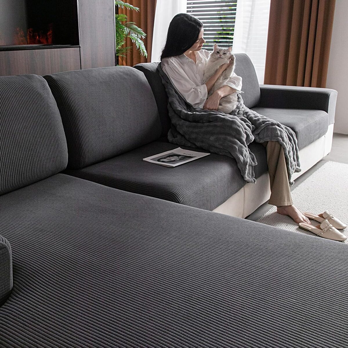 Sectional Couch Covers, Wear Resistant Stretch Sofa Covers Washable Soft Couch Cushion Covers Anti Slip Furniture Protector Sofa Slipcovers for Pets (1 Piece Back Couch Cover, Dark Gray)