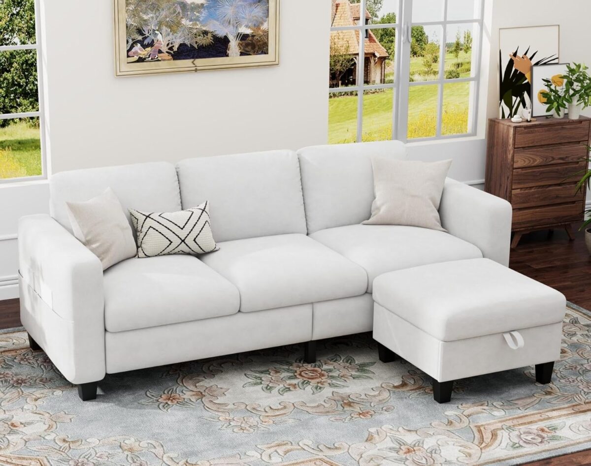 Sectional Couches for Living Room 78″ Convertible L Shaped Couch 3 Seater White Sofas with Storage Ottoman, Mordern Velvet Fabric