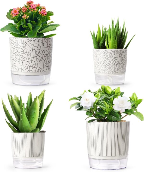 Self Watering Pots for Indoor Plants, 5 & 4 Inch Stylish Flower Pots, Set of 4 Modern Planters with Self-Watering Feature (Mixed Colors)