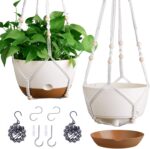 Two hanging planters with a macrame design and indoor plants, featuring a beige and brown color scheme.