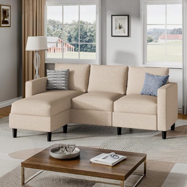 Shintenchi Small Sectional Couch with Ottoman, 3 Seat L Shaped Sofa, Fabric Upholstered Convertible Sofa Couches, Small Couch for Apartments, Living Room and Office(Beige)