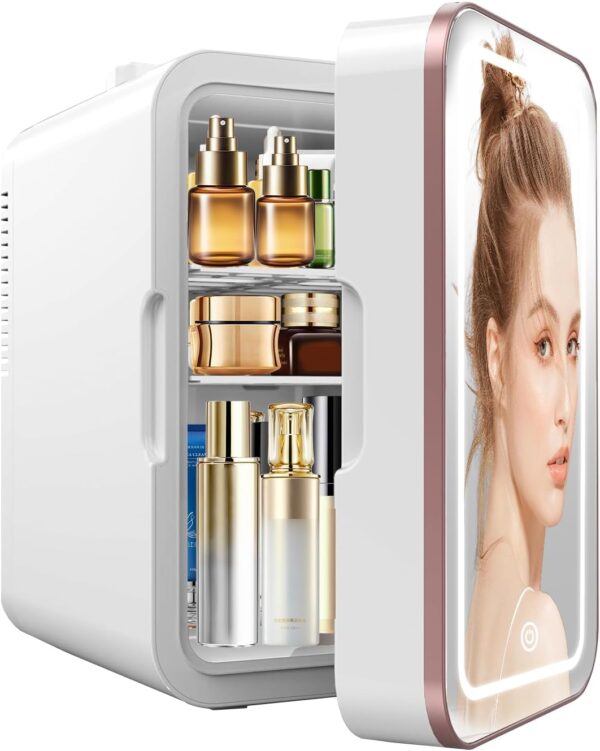 Skincare Fridge, 6L/10 Can Mini Fridge for Bedroom with Dimmable LED Mirror, Portable Cooler & Warmer Small Compact Refrigerator for Skincare, Cosmetics, Bedroom and Office, White