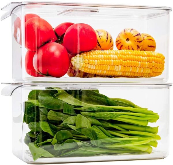 Slideep Refrigerator Food Storage Containers, Lettuce Keeper Large Produce Saver Stackable Container with Lids & Removable Drain Tray, Clear Veggie Fruit Salad Lettuce Container -2 Pack