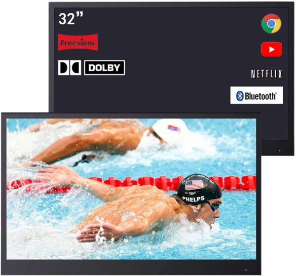 Soulaca 32 inches Black Color Bathroom Smart LED Televsion Waterproof IP66 Shower Android TV in Front of Bathtub Shower TV Hotel ATSC DTV SPA New