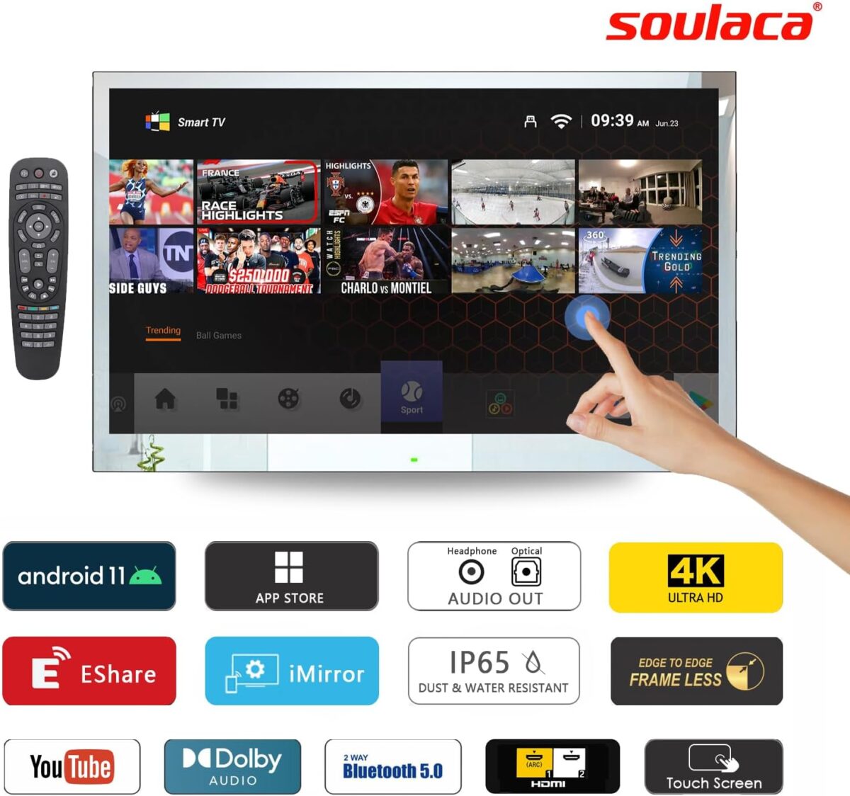 Soulaca 43 inches 4K Smart Touchscreen Mirror TV IP65 Waterproof DTV Tuner WiFi Bluetooth Big Screen for BathroomSPAJacuzzi Soulaca 43 inches 4K Smart Touchscreen Mirror TV IP65 Waterproof DTV Tuner WiFi & Bluetooth Big Screen for Bathroom/SPA/Jacuzzi Luxury