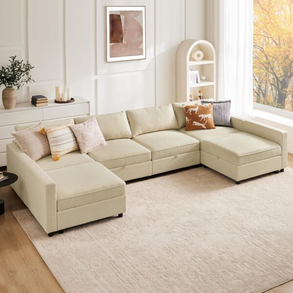 Sweetcrispy Convertible Sectional Sofa Couch, 6 Seat 8 Backs Sofa Set with Storage for Living Room, U-Shaped Modern Modular Sofa Sleeper with Reversible Chaise, Beige