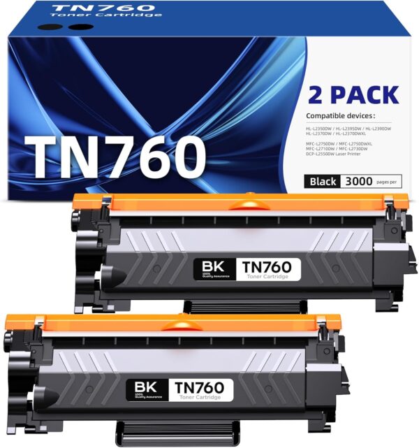 TN760 Compatible Toner Cartridge Replacement for Brother TN760 TN-760 TN 760 Use with DCP-L2550DW HL-L2350DW HL-L2395DW HL-L2390DW HL-L2370DW (Black, 2 Pack)