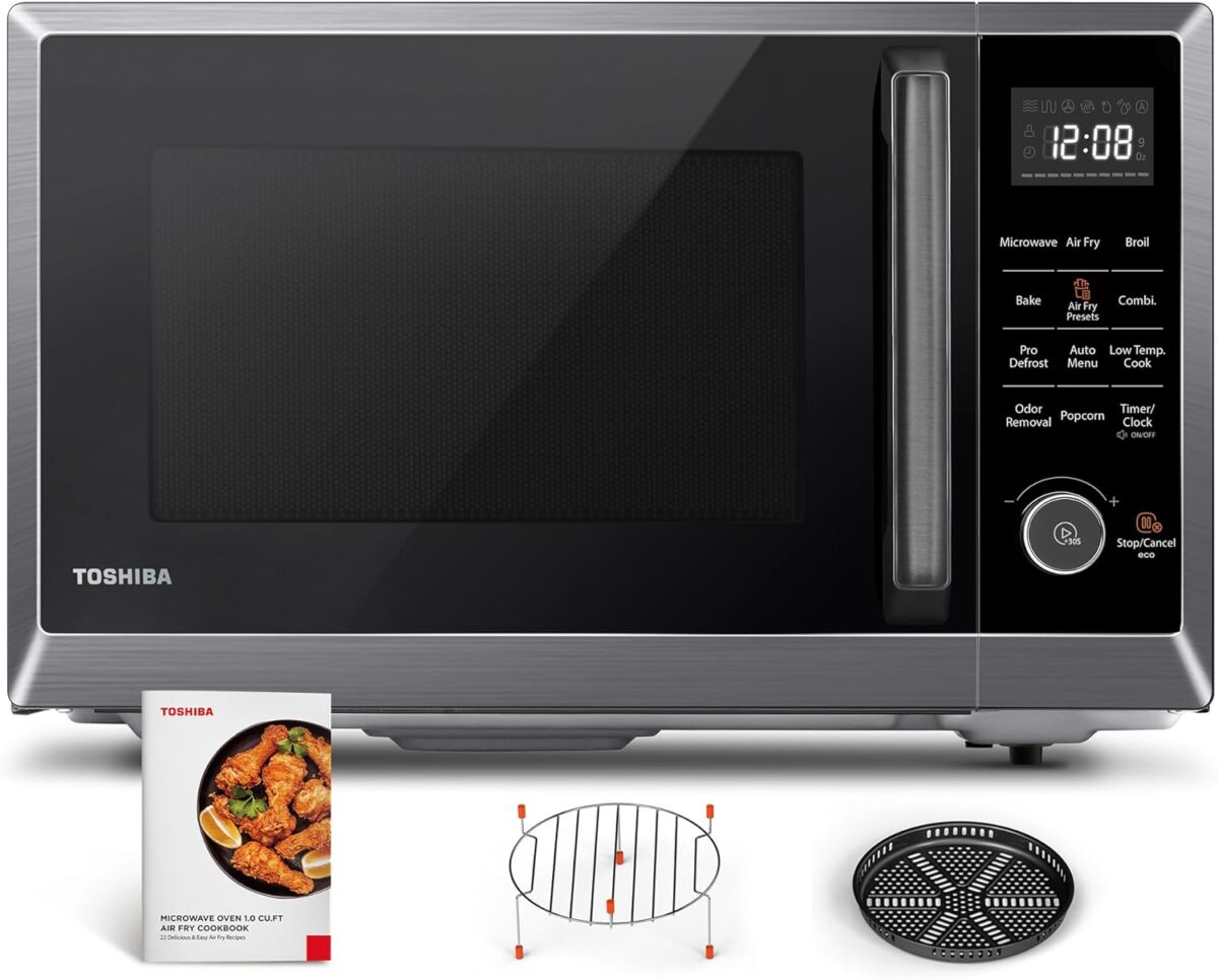 TOSHIBA Air Fryer Combo 8-in-1 Countertop Microwave Oven, Convection, Broil, Odor removal, Mute Function, 12.4″ Position Memory Turntable with 1.0 Cu.ft, Black stainless steel, ML2-EC10SA(BS)