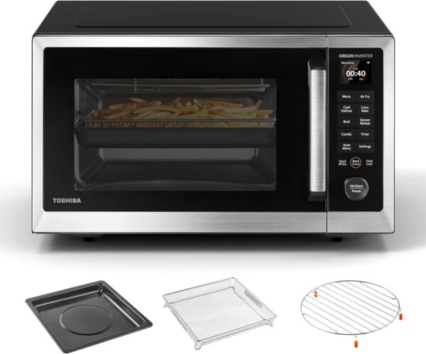 TOSHIBA P05 Combo Countertop Microwave Oven, with 2.4-Inch Color Screen, Origin Inverter Technology, Smart Sensor, Compatible with Alexa, 1100W, Air Fryer, 1.3 Cu.Ft, Silver